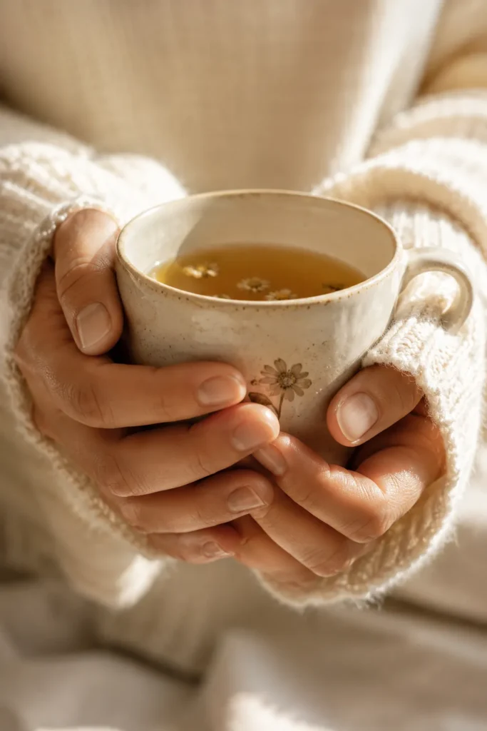 Hands in a cream sweater holding a cup of herbal tea