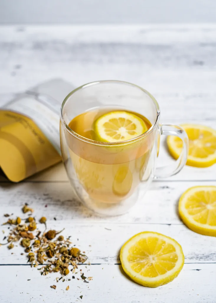 Glass mug of herbal tea with lemon slices
