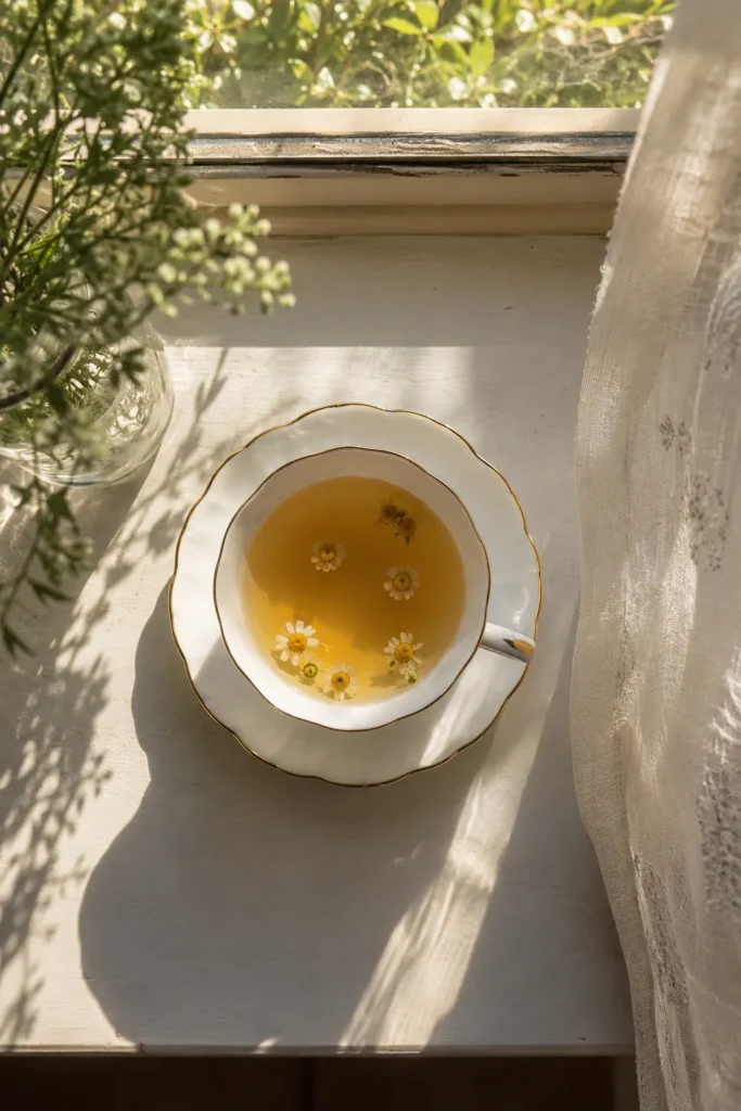 A cup of herbal tea on a saucer in a sunlit window, seen from above