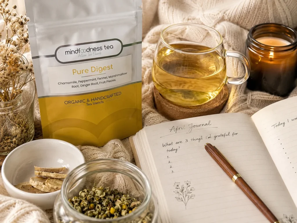 Pure Digest Tea with a glass cup and an open journal